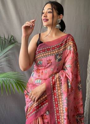 Pink Cotton Digital Printed Saree 1