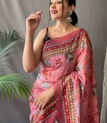 Pink Cotton Digital Printed Saree