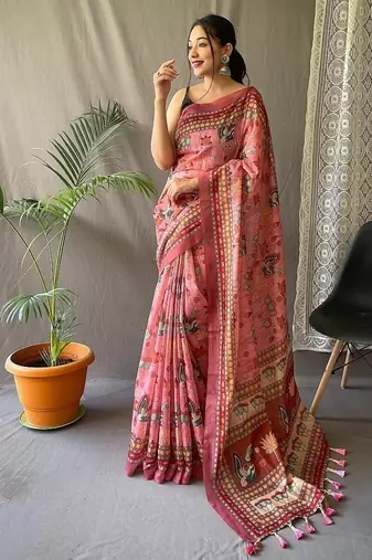 Pink Cotton Digital Printed Saree