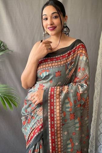 Light Grey Cotton Digital Printed Saree
