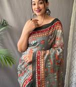Light Grey Cotton Digital Printed Saree