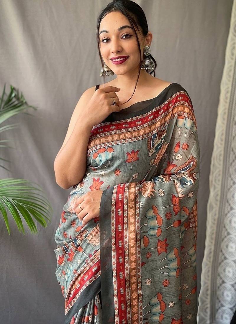 Light Grey Cotton Digital Printed Saree
