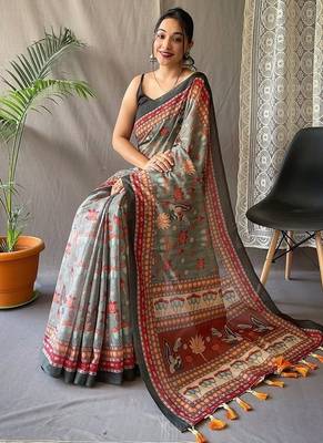 Light Grey Cotton Digital Printed Saree 2