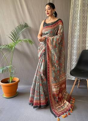 Light Grey Cotton Digital Printed Saree 3