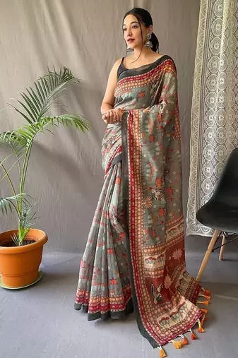 Light Grey Cotton Digital Printed Saree
