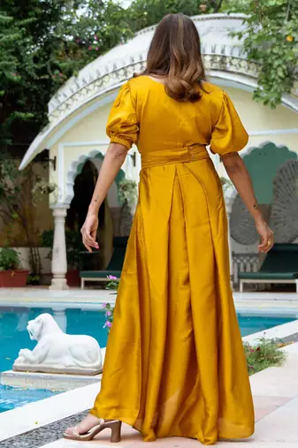 Gold embroidered Silk Set Dress Party Wear Dress Outdoor Wear  Dress