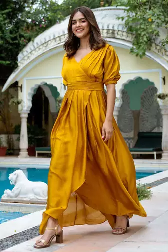 Gold embroidered Silk Set Dress Party Wear Dress Outdoor Wear  Dress
