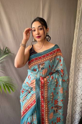 Blue Cotton Digital Printed Saree