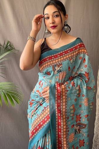 Blue Cotton Digital Printed Saree