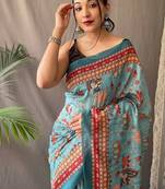Blue Cotton Digital Printed Saree