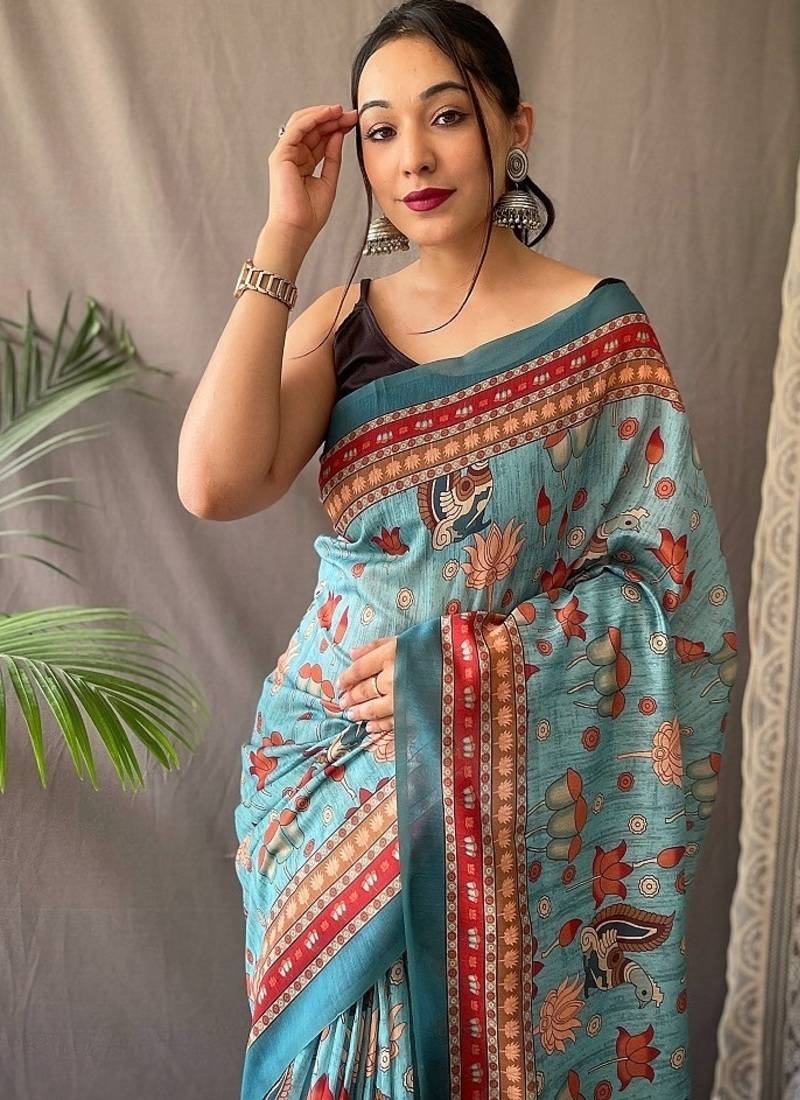 Blue Cotton Digital Printed Saree