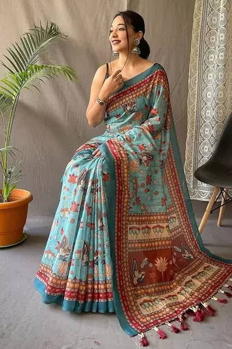 Blue Cotton Digital Printed Saree