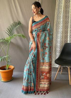 Blue Cotton Digital Printed Saree 3