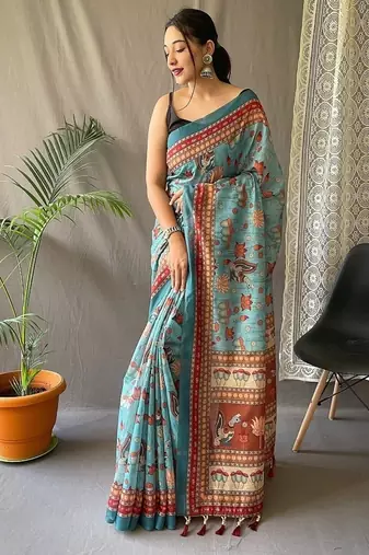 Blue Cotton Digital Printed Saree