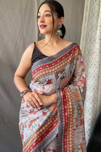 Grey Cotton Digital Printed Saree
