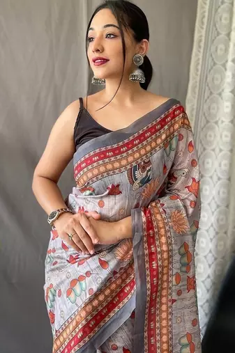 Grey Cotton Digital Printed Saree