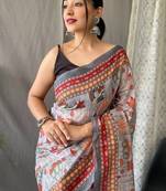 Grey Cotton Digital Printed Saree