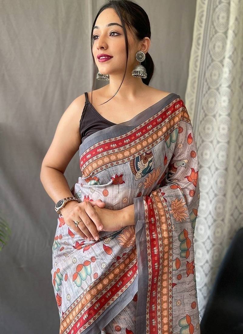 Grey Cotton Digital Printed Saree