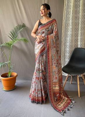Grey Cotton Digital Printed Saree 2