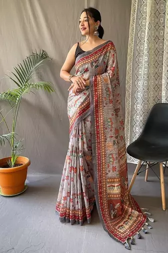 Grey Cotton Digital Printed Saree
