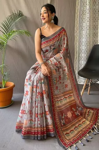 Grey Cotton Digital Printed Saree