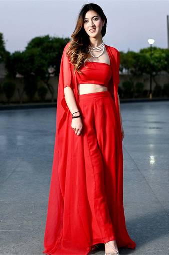 Designer Red Color Three Piece Set Party Wear Dress Flaired Palazzo With Shrug