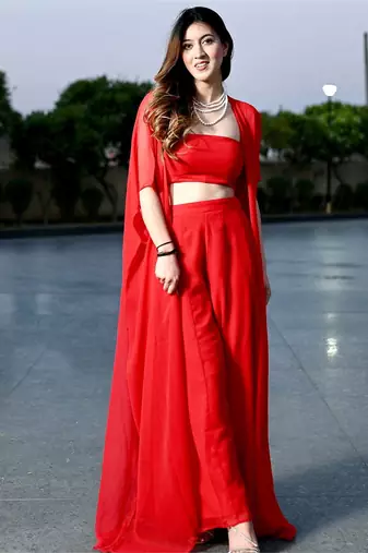 Designer Red Color Three Piece Set Party Wear Dress Flaired Palazzo With Shrug