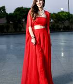 Designer Red embroidered Three Piece Set Party Wear Dress Flaired Palazzo With Shrug