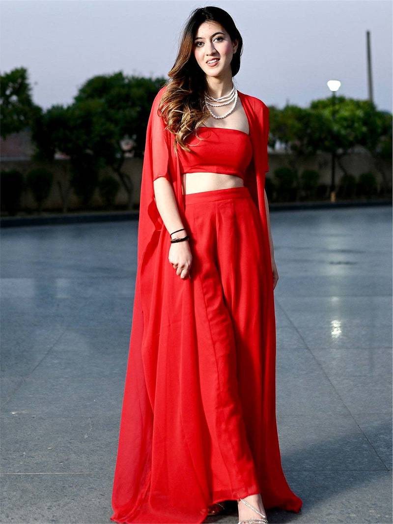 Designer Red Color Three Piece Set Party Wear Dress Flaired Palazzo With Shrug