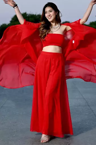 Designer Red embroidered Three Piece Set Party Wear Dress Flaired Palazzo With Shrug