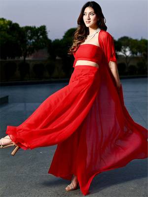 Designer Red embroidered Three Piece Set Party Wear Dress Flaired Palazzo With Shrug 5
