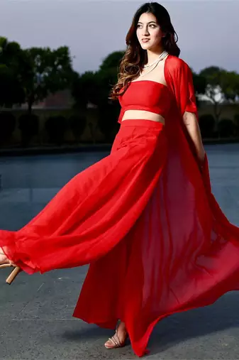 Designer Red embroidered Three Piece Set Party Wear Dress Flaired Palazzo With Shrug