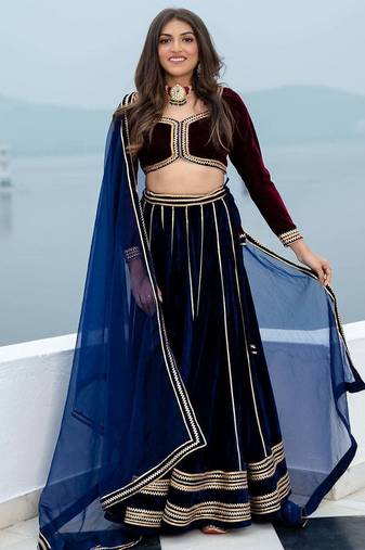 Wine velvet stitched Lehenga choli With Dupatta