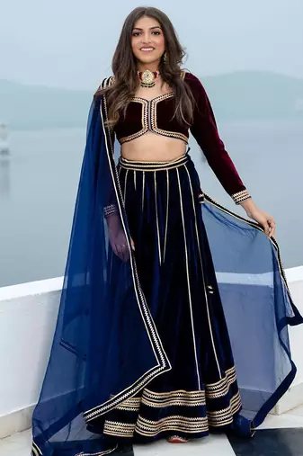 Wine velvet stitched Lehenga choli With Dupatta