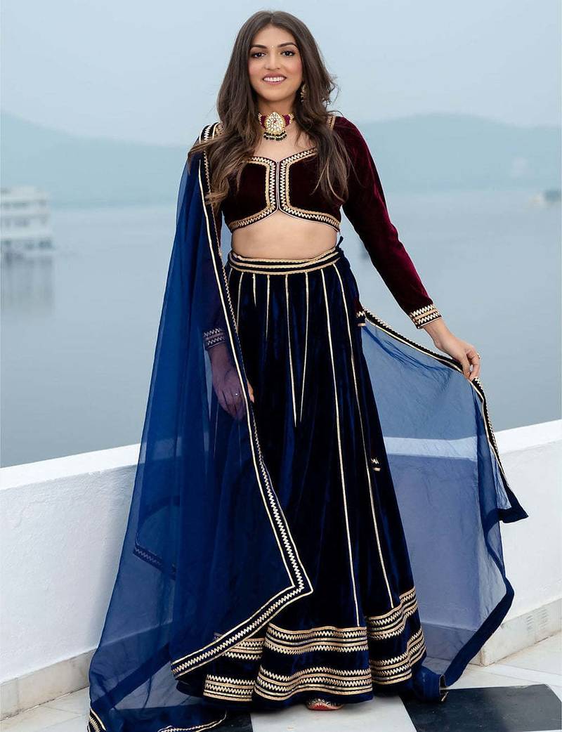 Wine velvet stitched Lehenga choli With Dupatta