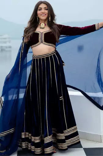 Wine velvet stitched Lehenga choli With Dupatta