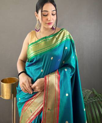 Teal Paithani silk blend Saree 1
