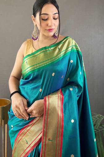 Teal Paithani silk blend Saree