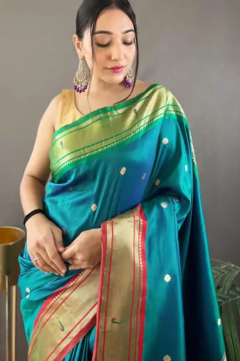 Teal Paithani silk blend Saree