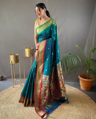 Teal Paithani silk blend Saree 3