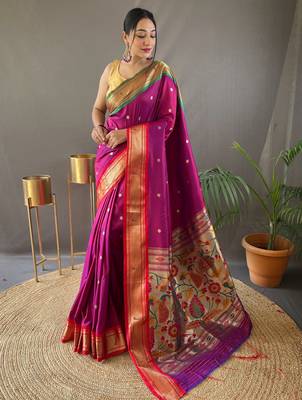 Magenta Paithani silk blend Saree 2