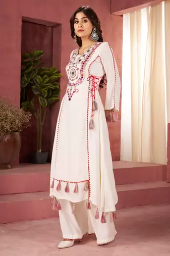 Embroidery Work White Color Kurta Palazzo Suit Set Festival Wear Suit Set