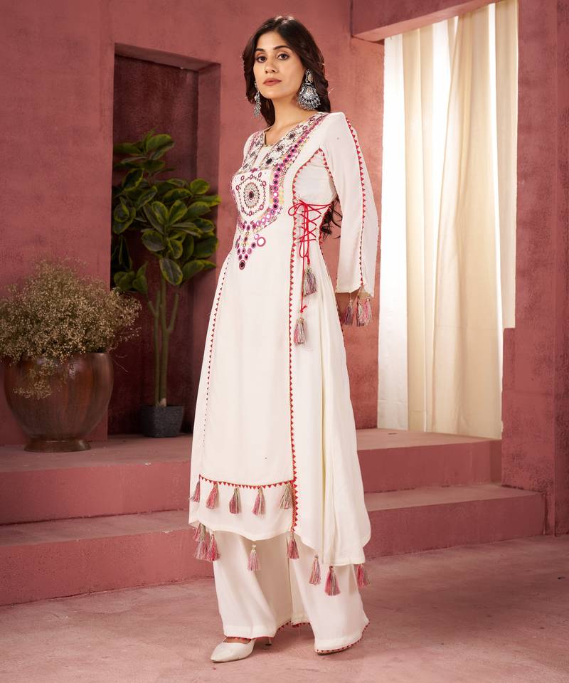Embroidery Work White Color Kurta Palazzo Suit Set Festival Wear Suit Set