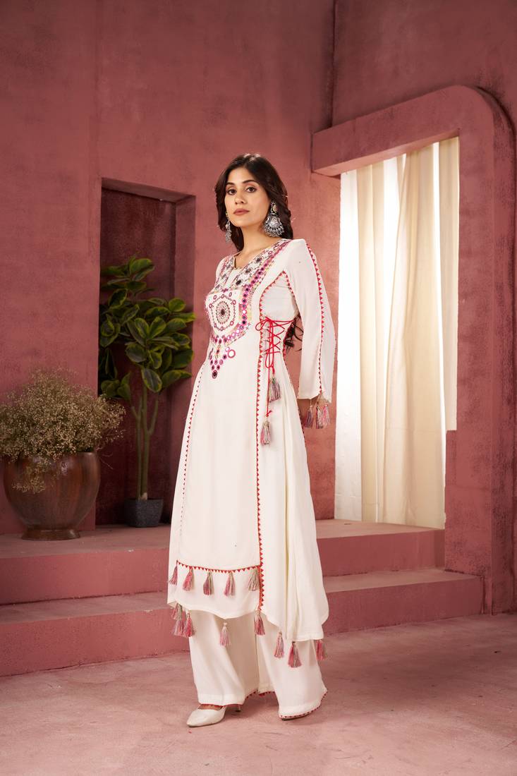 Embroidery Work White Color Kurta Palazzo Suit Set Festival Wear Suit Set