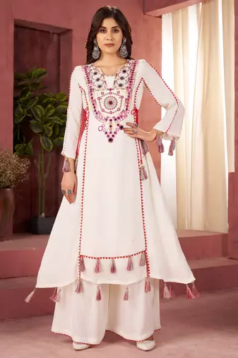 Embroidery Work White embroidered Kurta Palazzo Suit  Set