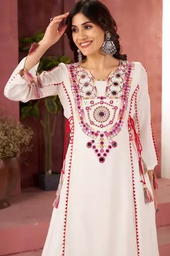 Embroidery Work White embroidered Kurta Palazzo Suit  Set