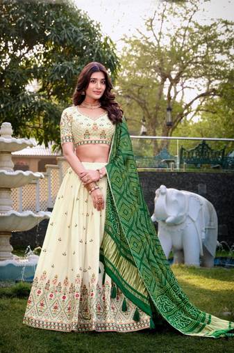 Thread Embroidered Floral Lehenga Choli With Gaji Silk Dupatta Set