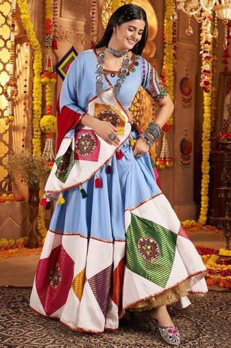 Light Blue Viscose Cotton Navratri Lehenga Choli