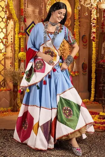 Light Blue Viscose Cotton Navratri Lehenga Choli