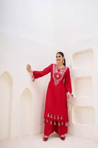 Mirror Work New Designer Suit Set With Dupatta Party Wear heavy Red Suit Set 